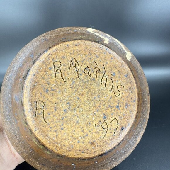 1997 Hand Made Primitive Style Pottery Vase Vessel Carved Brown Drip Glaze Vase - Picture 8 of 16